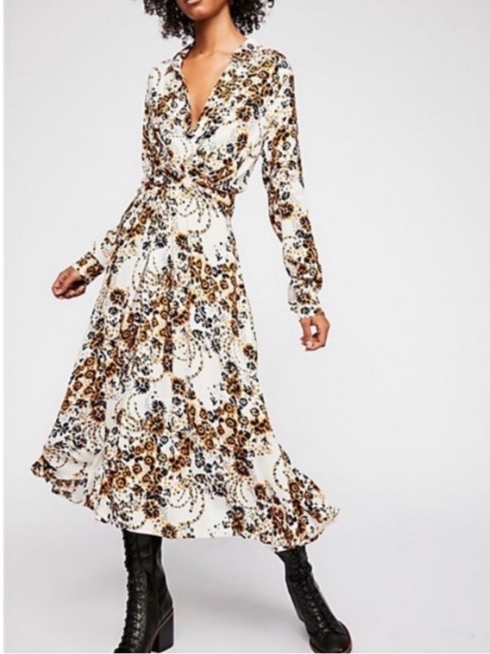 Free People Tough Love Floral Midi Dress Size 4 Ivory Boho